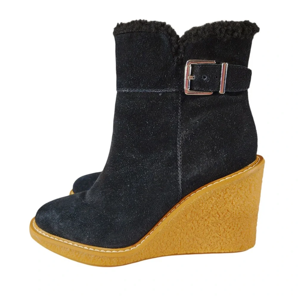 Franco Sarto Wedge Ankle Boots sz 7.5M Women Black Suede Leather Ulayna Sherpa‎